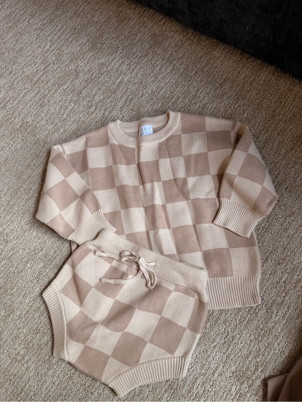 Kids Beige & Cream Checker Knit Matching Crewneck Set
